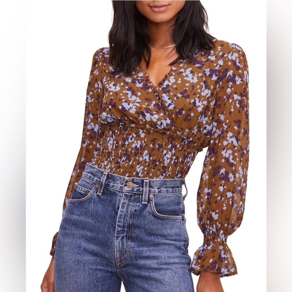 ASTR The Label Brown Blue Floral Smocked Surplice Blouse